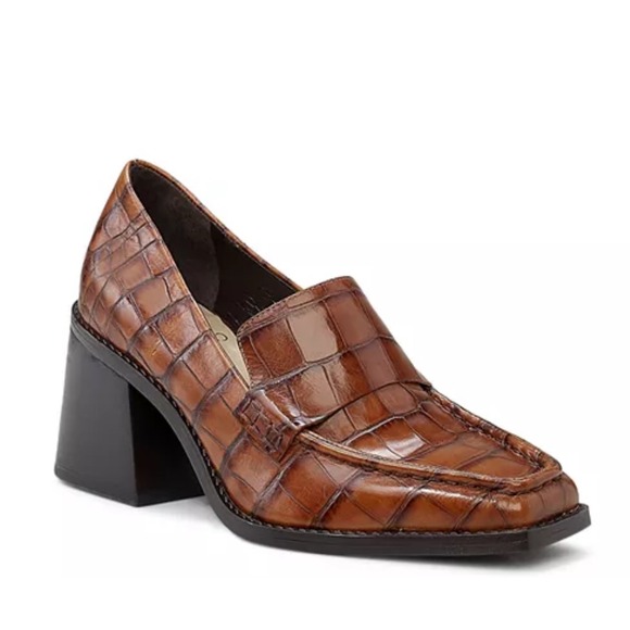 Vince Camuto Shoes - Vince Camuto Segellis Brown Croc Embossed Leather Block Heel Loafers Women's 9.5